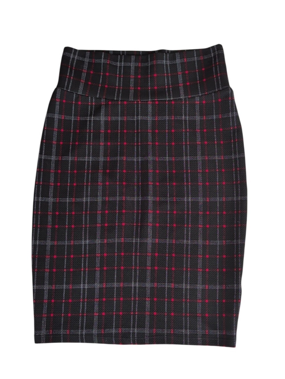 LuLaRoe Cassie Pencil Skirt Plaid Grid Knit Pull On Style XS Black Red White